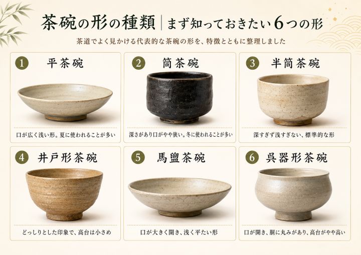 茶道で使われる平茶碗・筒茶碗・半筒茶碗・井戸形茶碗・馬盥茶碗・呉器形茶碗の6種類を比較した図解