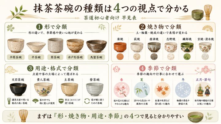 抹茶茶碗の種類を形・焼き物・用途や格式・季節の4つの視点で分類した初心者向け早見表