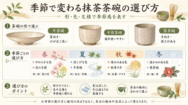 季節ごとの抹茶茶碗の選び方を、平茶碗・半筒茶碗・筒茶碗の違いと春夏秋冬の特徴でまとめた図解